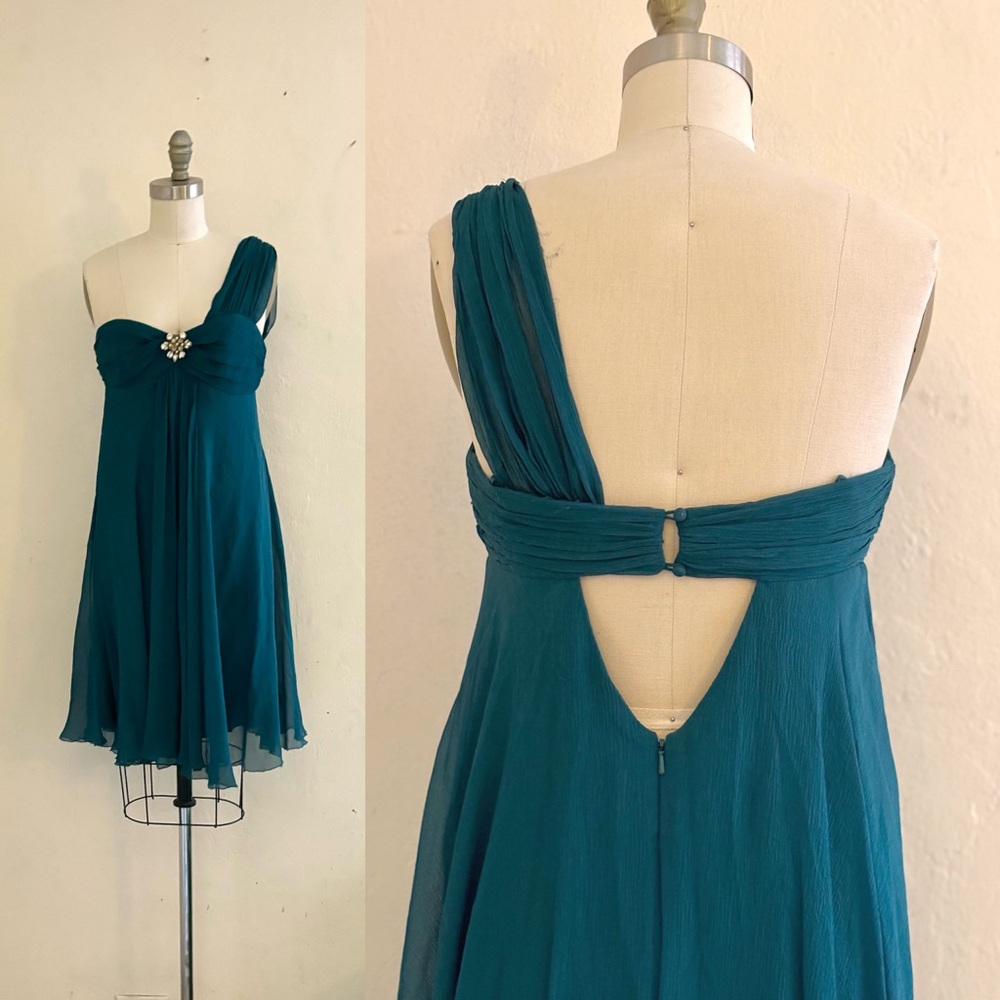 Nicole Miller Teal One Shoulder Chiffon Rhinestone Party Evening New Year Dress